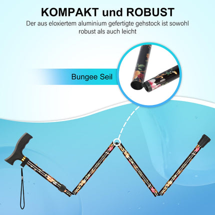 supregear Foldable Walking Stick - Folding Walking Stick, Height-Adjustable Walking Stick, Flexible Lightweight Travel Stick, Collapsible Walking Aid for Balance, for Men and Women, Black Flowers