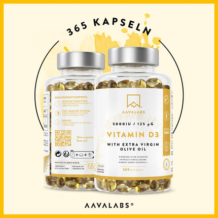Vitamin D3 High Dose Depot 5000 IU 365 Capsules - Vitamin D3 5000 IU with cold-pressed extra virgin olive oil for optimal absorption - Vitamin D High Dose Non-GMO, gluten-free, lactose-free