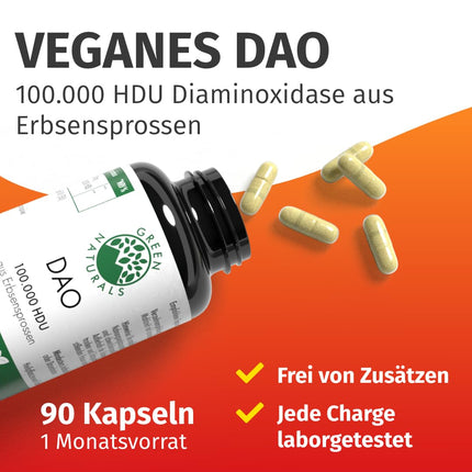 DAO Capsules VEGAN - High Dose: 100,000 HDU - 100 mg pea sprout powder per capsule for easy dosing - Pharmacy Quality - 90 Capsules - Green Naturals®