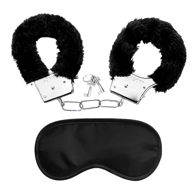 1 piece black plush police handcuffs with 2 keys, 1 blindfold, bondage sex props, metal jewelry accessories, suitable for parties, role play, bondage games