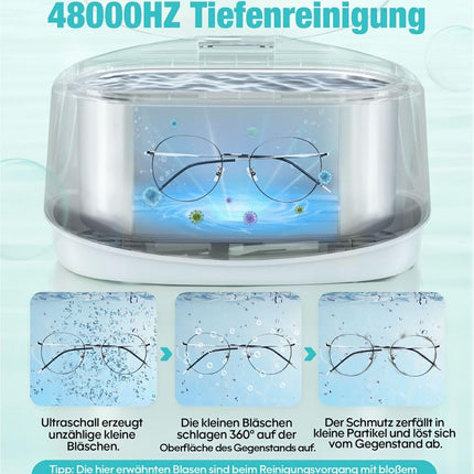 Gisaae Ultrasonic Cleaning Device 48000Hz Eyeglass Cleaning Device 660ml Denture Cleaning Baths with Watch Stand and Cleaning Basket for Eyeglasses Jewelry Watches Coins
