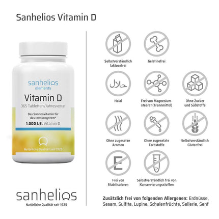 Sanhelios Sunshine Vitamin D - 1000 IU Vitamin D3 - Supports bones, teeth, muscles, and the immune system* - 365 microtablets - Only premium ingredients - Made and tested in Germany