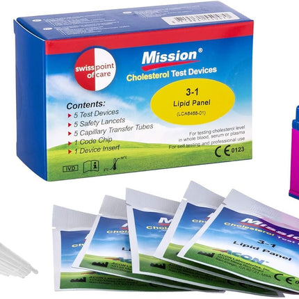 Swiss Point of Care Mission 3 in 1 test strips and other measuring accessories | 5 cholesterol test strips, including 5 transfer tubes, 1 code chip, and 1 device insert