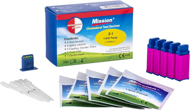 Swiss Point of Care Mission 3 in 1 test strips and other measuring accessories | 5 cholesterol test strips, including 5 transfer tubes, 1 code chip, and 1 device insert