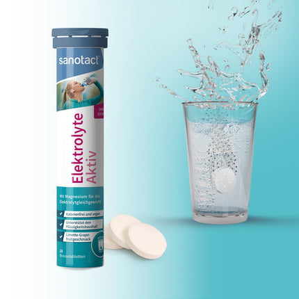 sanotact Electrolytes Active - 20 effervescent electrolyte tablets with magnesium, sodium, potassium. Calorie-free, sugar-free, vegan. Lime-grapefruit flavor.