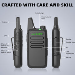 JUCJET T20 Rechargeable Two-Way Radio for Adults, Outdoor Mini Walkie Talkies with 16 Channels, VOX Squelch, License-Free PMR Radio (2 Pack)