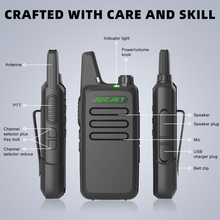 JUCJET T20 Rechargeable Two-Way Radio for Adults, Outdoor Mini Walkie Talkies with 16 Channels, VOX Squelch, License-Free PMR Radio (2 Pack)