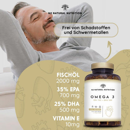 Omega 3 Capsules Highly dosed with 2000 mg fish oil with 700 mg EPA and 500 mg DHA, fish oil with vitamin E and omega 3 fatty acids. 120 softgel capsules of pure marine fish oil from N2 Natural Nutrition