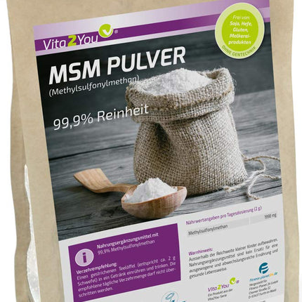 Vita2You MSM Powder 1000g - (Methylsulfonylmethane) 99.9% Purity - Mesh Factor 40-80 - 1kg Organic Sulfur - Premium Quality