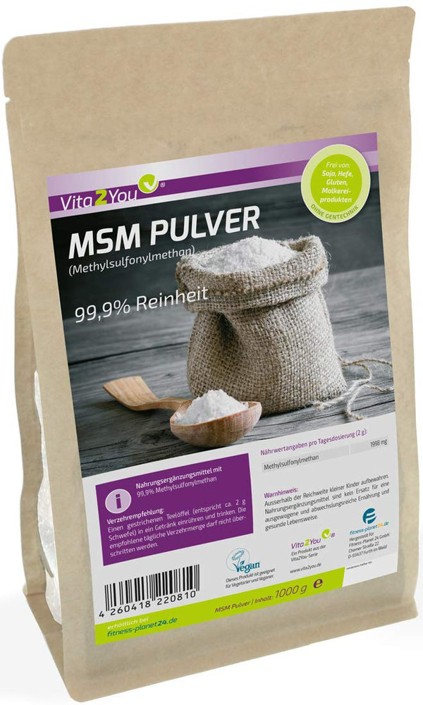 Vita2You MSM Powder 1000g - (Methylsulfonylmethane) 99.9% Purity - Mesh Factor 40-80 - 1kg Organic Sulfur - Premium Quality