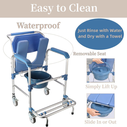 Shower chair with wheels, toilet chair for seniors, wheelchair with shower seat, waterproof chair, commode, load capacity 150 kg for patients, seniors, disabled pregnant women