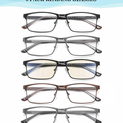 EYECEDAR Amcedar 5 pieces reading glasses men rectangle frame metal gray stainless steel material spring hinges included computer reading glasses 2.00