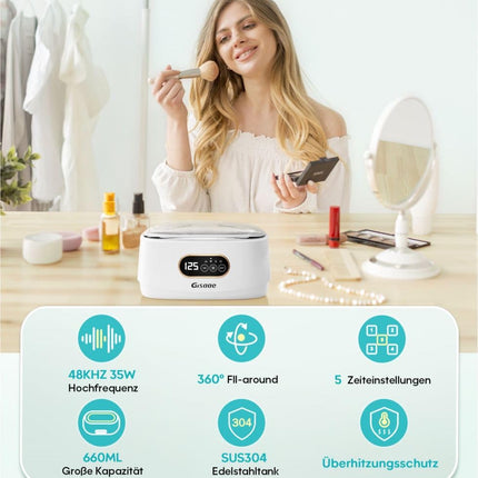 Gisaae Ultrasonic Cleaning Device 48000Hz Eyeglass Cleaning Device 660ml Denture Cleaning Baths with Watch Stand and Cleaning Basket for Eyeglasses Jewelry Watches Coins