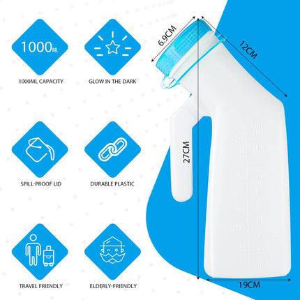 ACWOO Urinal Bottles for Men with Glow-in-the-Dark Lid, 1000ml Men's Bed Bottle Made of Thick Plastic with Screw Lid, Translucent Plastic Urinal Bottle for Travel, Emergency, Bed, Camping