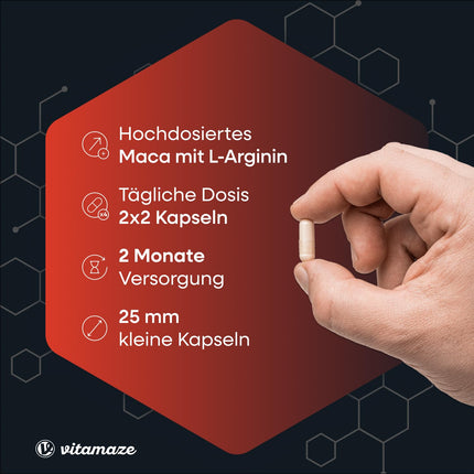 Maca capsules high-dose + L-Arginine + Vitamins + Zinc, 240 capsules, powder from the Maca root for 2 months, herbal food supplement without additives, Made in Germany
