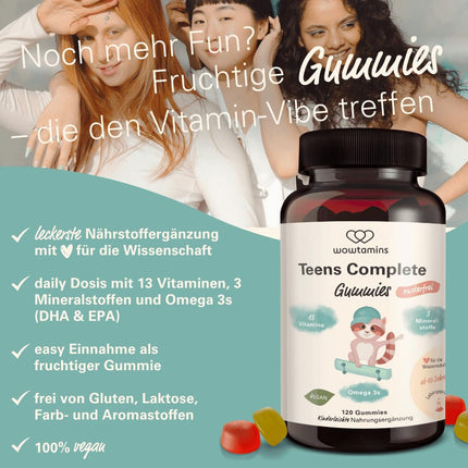 wowtamins Teens Complete sugar-free - Vitamins for teenagers (30-day supply) - Multivitamin Gummies with Omega 3 - Dietary supplement for the immune system with vitamins C, D3, B12, zinc &amp; more