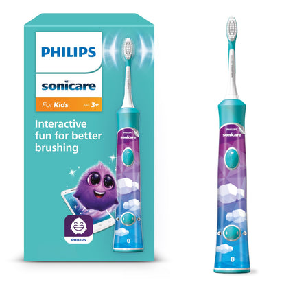 Philips Sonicare For Kids, electric sonic toothbrush with app, for children 3 years and older, with SmarTimer and QuadPacer for thorough cleaning, turquoise, model HX6322/04