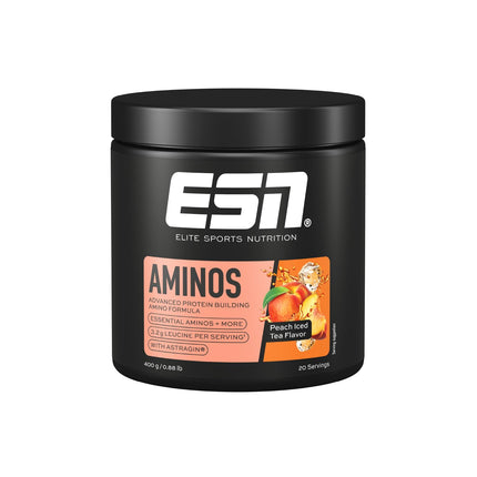 ESN AMINOS, Peach Iced Tea, 400 g, fine amino powder with essential amino acids &amp; astragin, 3.2 g leucine per serving, ideal solubility, vegan - made in Germany