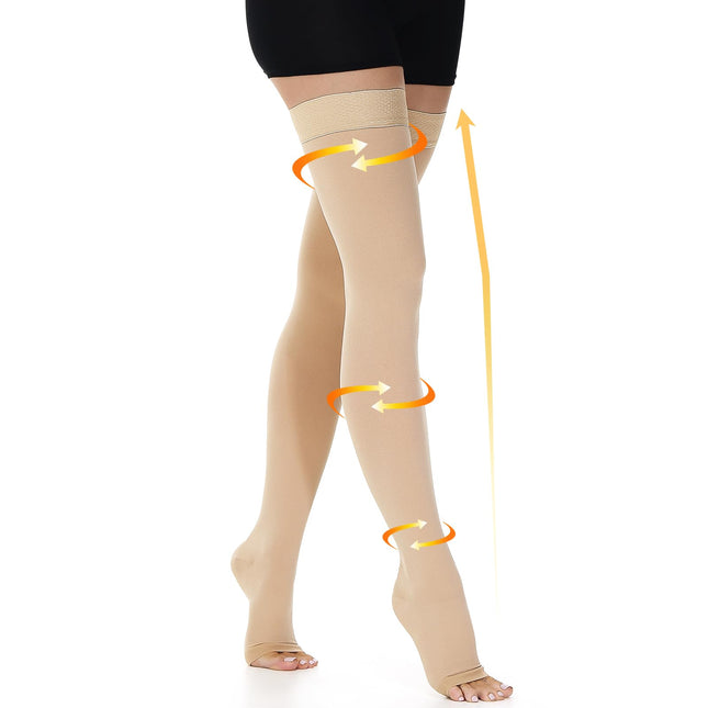 beister 15-20 mmHg Medical Compression Stockings for Women Men, Open Toe Long Compression Socks with Silicone Band, Class 1 Thigh Support Stockings for Varicose Veins, Edema, DVT, Flight