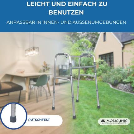 Mobiclinic®, Walking Aid, Walking Frame, Narrow, Stable, Foldable, 4 Rubber Feet, Made of Aluminum, Lightweight, European Brand, Height Adjustable, Ergonomic Handles, Only 2.5 kg, Silver, Model Columna