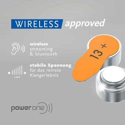 Power one hearing aid batteries type 13 orange, 60 batteries, storage pack, wireless approved, size p13 for hearing aids and hearing aids, high hearing level, mercury-free, Made in Germany
