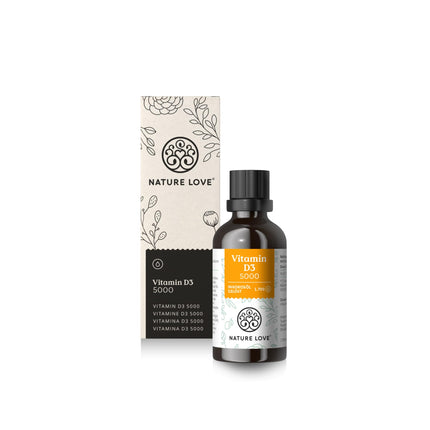 NATURE LOVE® Vitamin D3 5000 (50ml liquid) - Laboratory-tested 5000 IU per drop - in MCT oil from coconut - Highly dosed vitamin D - Highly bioavailable, very high stability - Produced in Germany