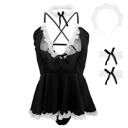 HOTSO Women's Sexy Lace Maid Outfit Cosplay Costume Lingerie Dress, Sexy French Maid Nightwear, Transparent Teddy Lace Negligee V-Neck Underwear Role Play Bodysuits