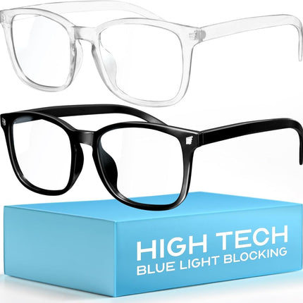 livho 2 Pack Blue Light Blocking Glasses, Computer Reading/Gaming/TV/Phones Glasses for Women Men, Anti Eyestrain &amp; UV Glare (Light Black+Clear)