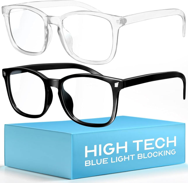 livho 2 Pack Blue Light Blocking Glasses, Computer Reading/Gaming/TV/Phones Glasses for Women Men, Anti Eyestrain &amp; UV Glare (Light Black+Clear)