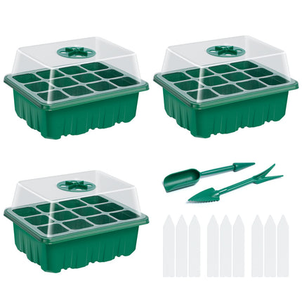 Ponsey Mini Greenhouse with Lid 3 Pack Indoor Greenhouse for Plants Germination Seedlings Growing Kit Adjustable Humidity Grow Tray Dome Base Growing (12 Cells per Tray)