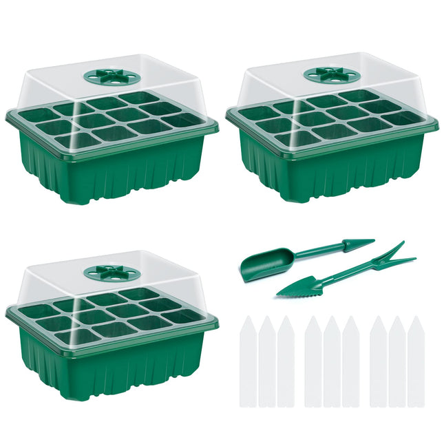 Ponsey Mini Greenhouse with Lid 3 Pack Indoor Greenhouse for Plants Germination Seedlings Growing Kit Adjustable Humidity Grow Tray Dome Base Growing (12 Cells per Tray)