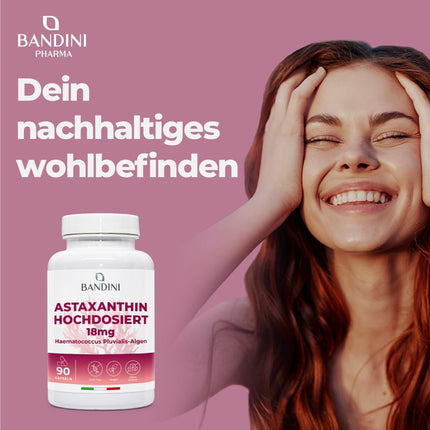 Bandini® Pure Astaxanthin 18 mg per capsule, 90 capsules (3-month supply), Algae Haematococcus Pluvialis - Natural Astaxanthin, free from magnesium stearate, GMO-free