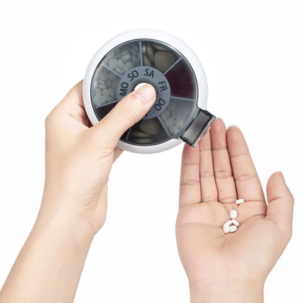 Kafeiya Pill Box, Portable 7-Day Pill Box, Round Pill Box, Medicine Box, Small Tablet Dispenser, Rotating Pill Box, Storage, Black