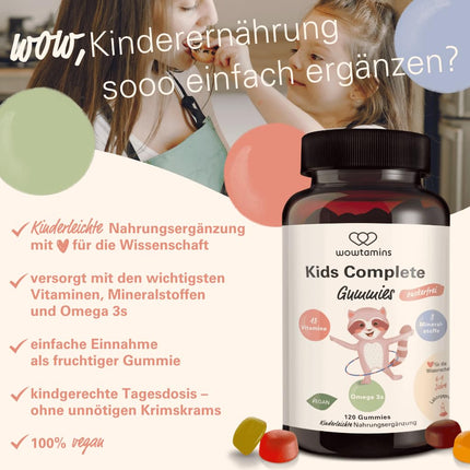 wowtamins Kids Complete sugar-free - Vegan Multivitamin Gummies with Omega 3 (30-day supply) - Vitamins for children - Food supplement for the immune system with vitamins C, D3, B12, zinc &amp; more