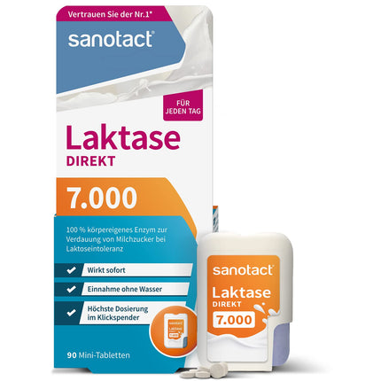 sanotact Lactase 7,000 DIRECT (90 mini lactase tablets) • Lactose tablets for every day • For lactose intolerance, lactose and milk intolerance • Quick to take without water
