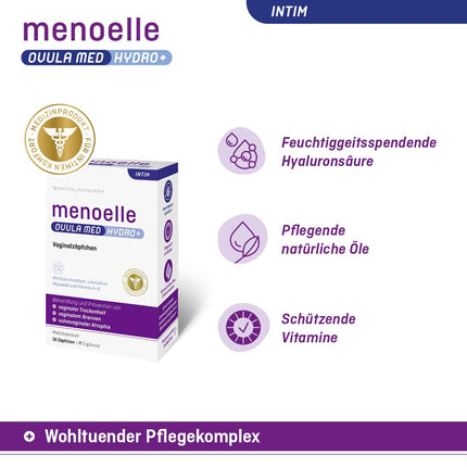 menoelle® OVULA med Hydro+ for the treatment of vaginal dryness, burning, itching, tightness, and irritated or inflamed vaginal mucosa – hormone-free &amp; regenerating. 10 suppositories.