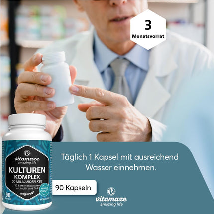 Culture complex high-dose with 400 billion CFU/g in 1 capsule, 20 bacterial cultures for intestinal flora development with inulin and zinc, 90 vegan &amp; gastro-resistant capsules with 50 billion CFU for 3 months