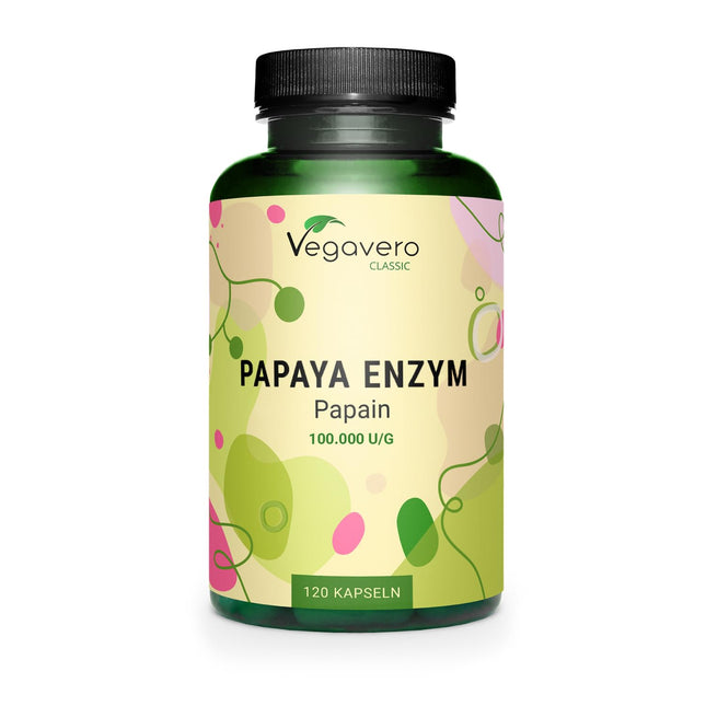 Papaya Enzyme Vegavero® | High dosage: 2,100 mg pure papain per daily dose | High enzyme activity: 100,000 units/g | Naturally from the fruit | 120 capsules | Vegan &amp; no additives