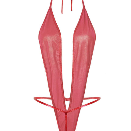 ROSVAJFY leather lingerie wetlook women's lingerie faux leather halter neck lingerie one piece backless leather dress bodysuit nightdresses clubwear underwear SML XL (red)