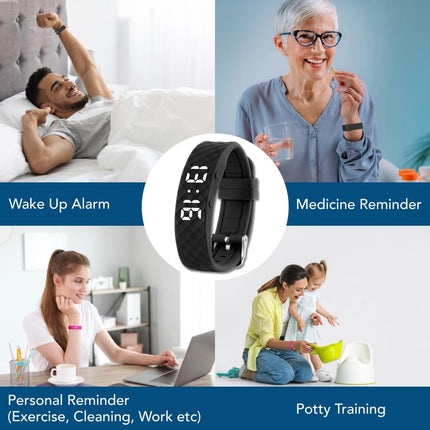 Vibration alarm reminder watch (instructions in German) – up to 10 personal alarms or pill reminders per day (large, black)