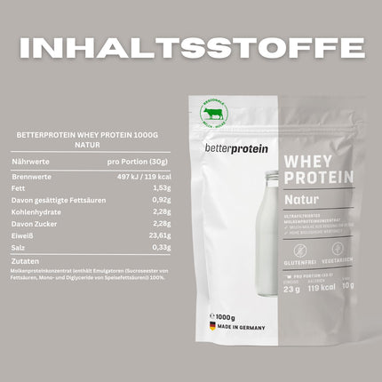 Whey Protein - Neutral 1 kg - Produced in Germany from regional milk - Protein powder for muscle building and weight loss - Pouch - betterprotein® -