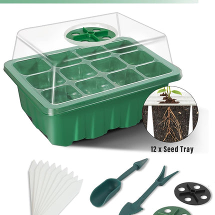 TOYPOPOR 12 Pack Indoor Greenhouse Propagator, 144 Mini Greenhouse Propagation Set with Raised Lid, Reusable Propagation Tray, Seedling Starter Trays for Seedlings - Green