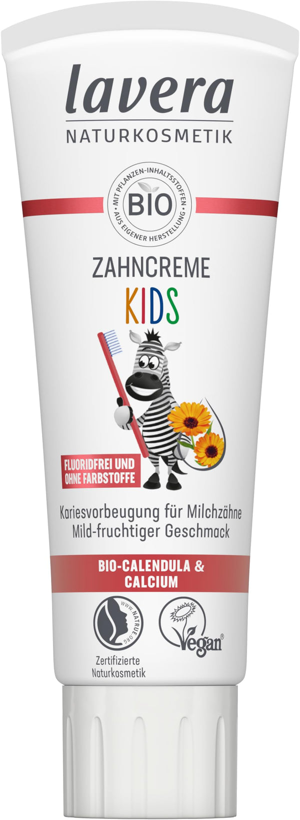lavera Toothpaste Kids FLUORIDE-FREE - no colorings - protects baby teeth - mild and fruity - organic calendula &amp; calcium - vegan - 75 ml