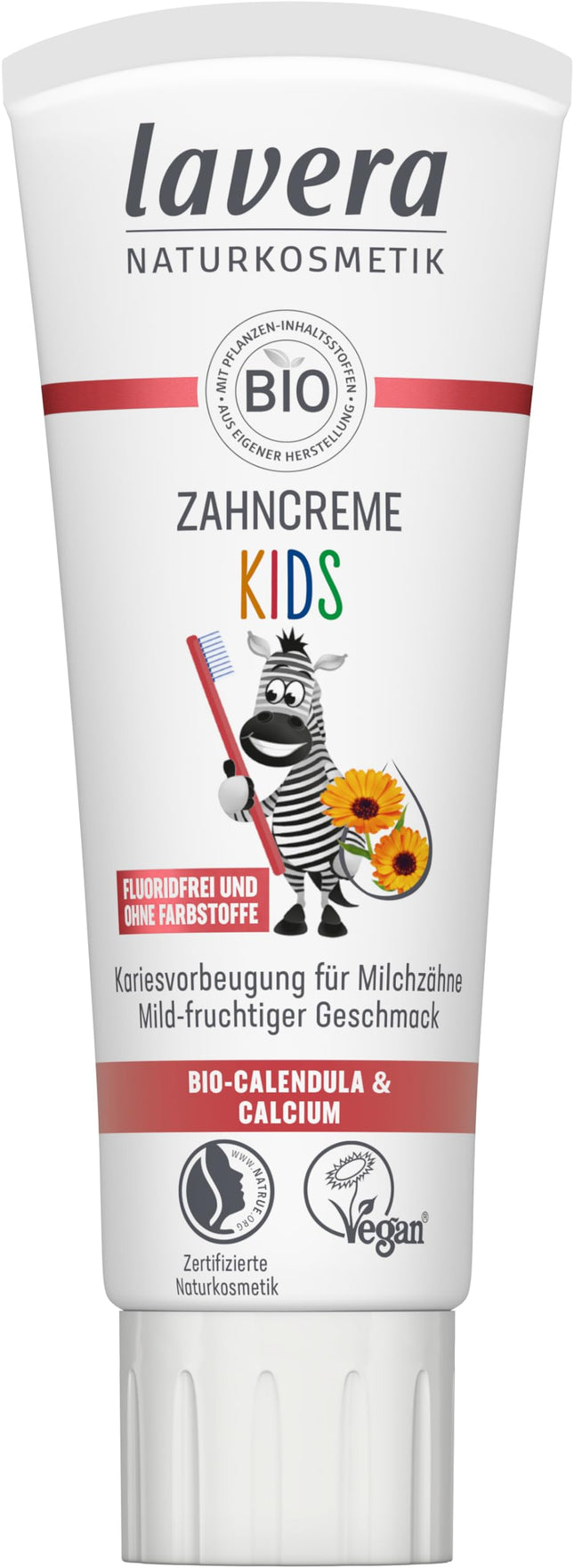 lavera Toothpaste Kids FLUORIDE-FREE - no colorings - protects baby teeth - mild and fruity - organic calendula &amp; calcium - vegan - 75 ml