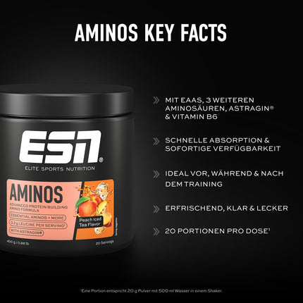 ESN AMINOS, Peach Iced Tea, 400 g, fine amino powder with essential amino acids &amp; astragin, 3.2 g leucine per serving, ideal solubility, vegan - made in Germany