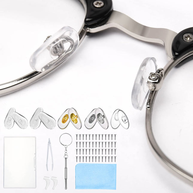 Glasses repair kit, 25 pairs of nose pads, silicone screw-on nose pads for glasses, with screws, tweezers and glasses cleaning cloths