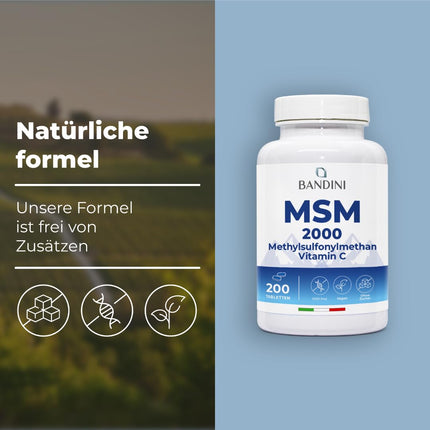 Bandini® MSM - 2000mg with 40mg Vitamin C per daily dose - More compact methylsulfonylmethane powder than capsules - No magnesium stearate, high dosage, vegan, no additives, laboratory tested - 200 tablets