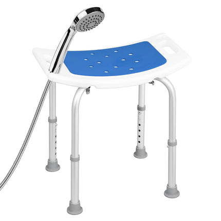 EUGAD Shower Stool, Height-Adjustable Shower Chair, Anti-Slip Feet Handles, Shower Seat, Bath Seat, with Shower Head Holder, for Seniors and Pregnant Women, Made of Aluminum Plastic, 40-53.5 cm, White/Blue