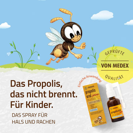 Medex Propolis Oral Junior, propolis spray, mouth and throat spray, water-based, alcohol-free; with added honey, sage, niacin, and spruce tips, with applicator, for children 3 years and older, 30 ml