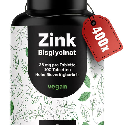 Zinc tablets high-dose 25mg - 400 tablets high-dose with zinc bisglycinate - Vegan and produced in Germany - Laboratory-tested